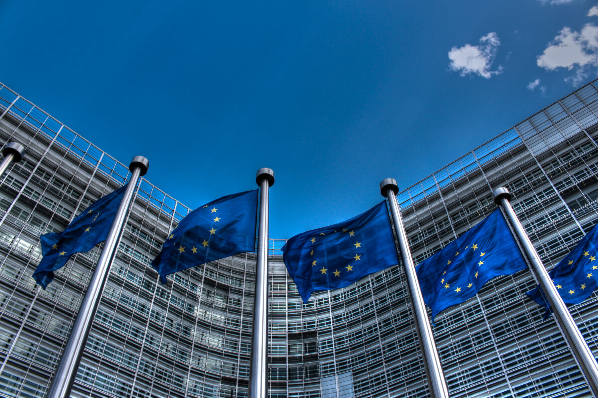 European Union flags blowing in the wind